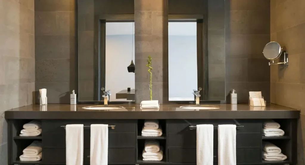 A modern black bathroom with matte black walls, freestanding tub, and minimalist decor, featuring warm soft lighting for a luxurious and inviting atmosphere.
