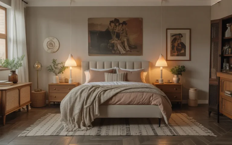A modern vintage bedroom with rustic wooden furniture, cozy neutral bedding, retro lighting, and timeless charm.