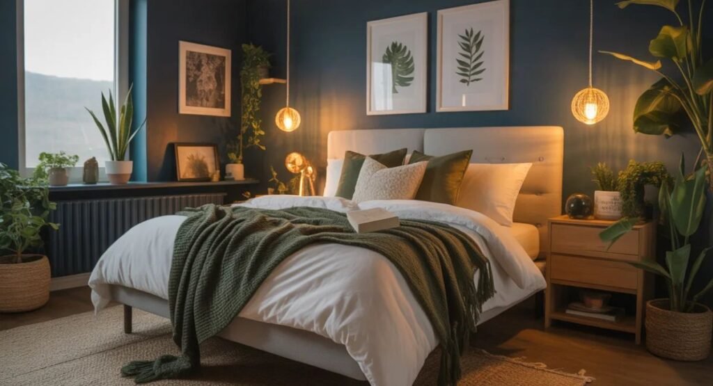 "Moody bedroom with navy walls, olive green accents, plants, and warm lighting to create a calming, restful environment."