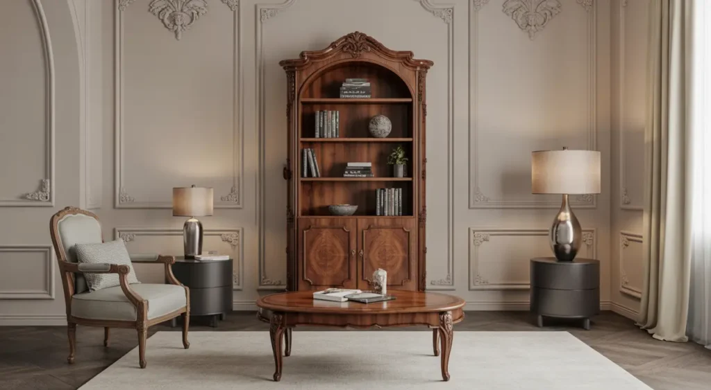 Living room with classic antique furniture, including a vintage wooden armchair and coffee table, blended with modern accessories for a timeless design.”