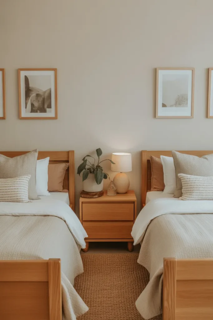Twin bedroom with natural wood nightstands, oak bed frames and wooden frames adding organic warmth and a grounded luxury feel