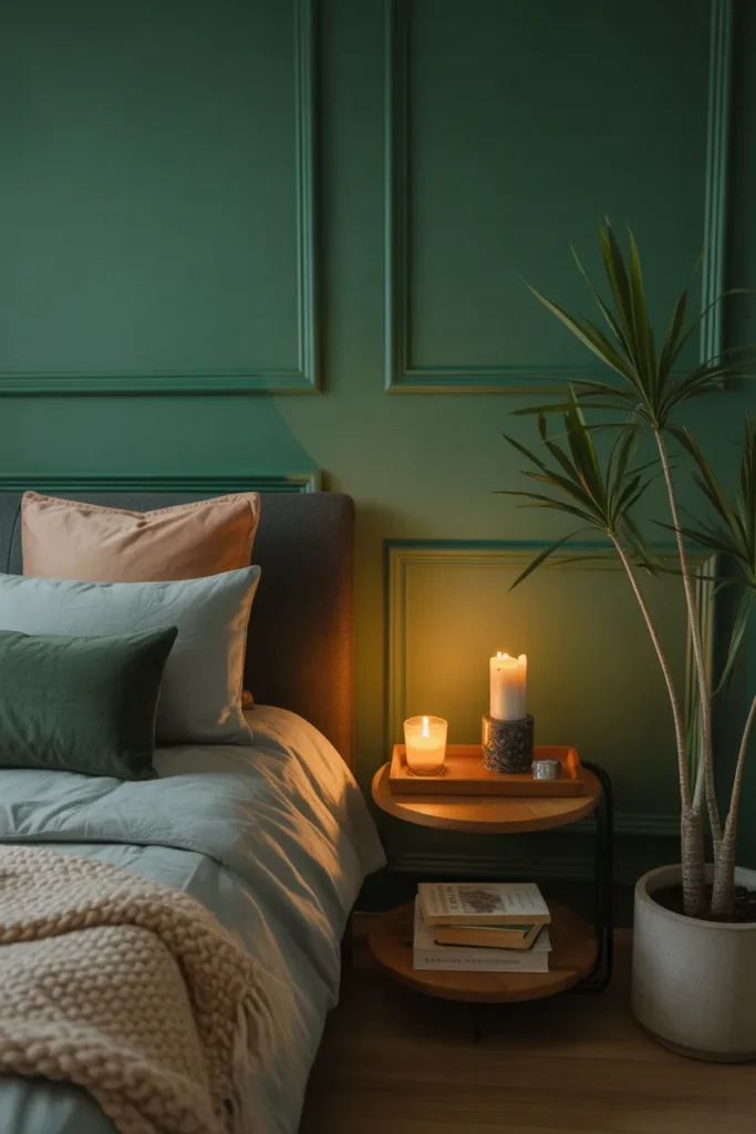 A moody bedroom with personal touches: a small stack of favorite books, a candle on a wooden tray, a cozy throw, and a potted plant, all harmonizing with deep green walls and warm lighting.
