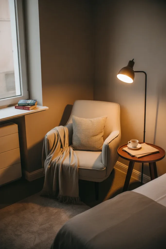Cozy reading corner in a twin bedroom with armchair, throw blanket and warm floor lamp creating a luxury multi-zone bedroom