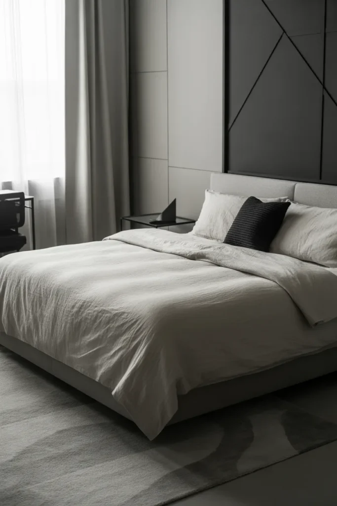 Modern minimalist bedroom in monochrome tones of soft gray, black, and white. Natural morning light streaming through sheer curtains illuminates a low-profile platform bed with crisp linen bedding. Black metal side table, geometric wall art, and a plush area rug create contrast. Eye-level shot capturing clean lines, layered textures, and a calm, sophisticated atmosphere.