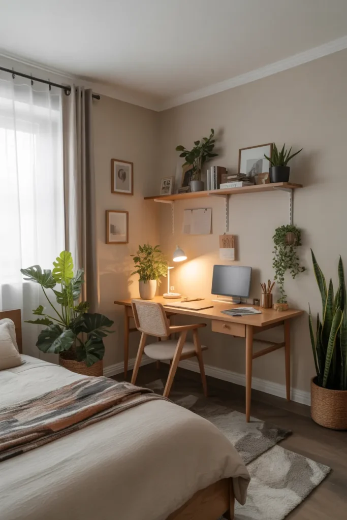 Contemporary bedroom with a small wooden desk tucked into a corner. Natural morning light illuminates a linen bed, layered rugs, potted plants, and wall shelves. Eye-level wide shot showing a functional workspace styled with notebooks, decor items, and minimal lighting. Clean, organized, and visually appealing corner blending work and relaxation, Pinterest-ready, and cozy.
