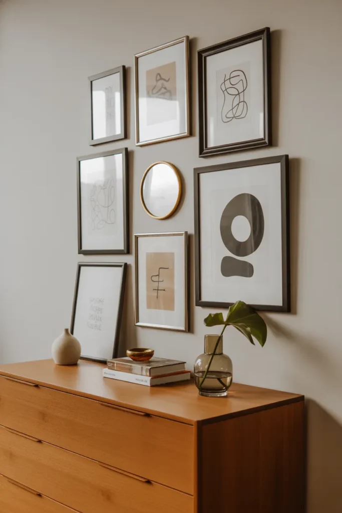 A curated gallery wall hanging above a wooden dresser, featuring a mix of black and brass frames with abstract art and a small mirror.A curated gallery wall hanging above a wooden dresser, featuring a mix of black and brass frames with abstract art and a small mirror.