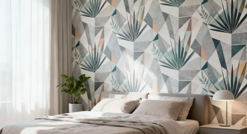 Peel-and-stick wallpaper used as an accent wall in a modern bedroom, perfect for renters looking to refresh their space without damage.