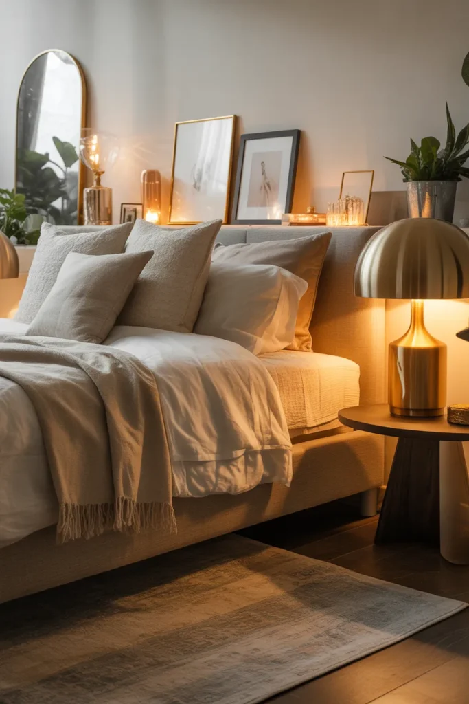 Modern glam bedroom with gold and bronze accents on lamps, picture frames, and small decor pieces. Linen bedding in neutral tones layered with plush throws. Warm ambient lighting highlights a wooden side table, textured rug, and potted plants. Eye-level wide shot capturing reflective surfaces, cozy styling, and a Pinterest-ready bedroom with a touch of luxury and warmth.