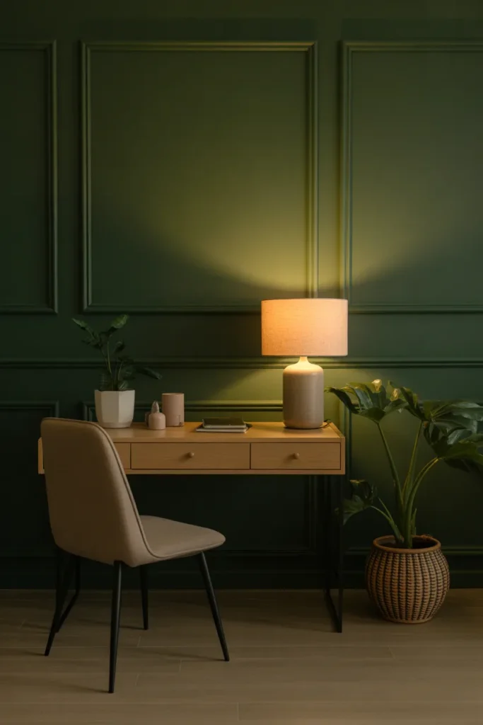 A small wooden desk with a potted plant, muted decorative items, and a soft lamp. A cozy chair sits beside it, all against a deep green accent wall with warm lighting.