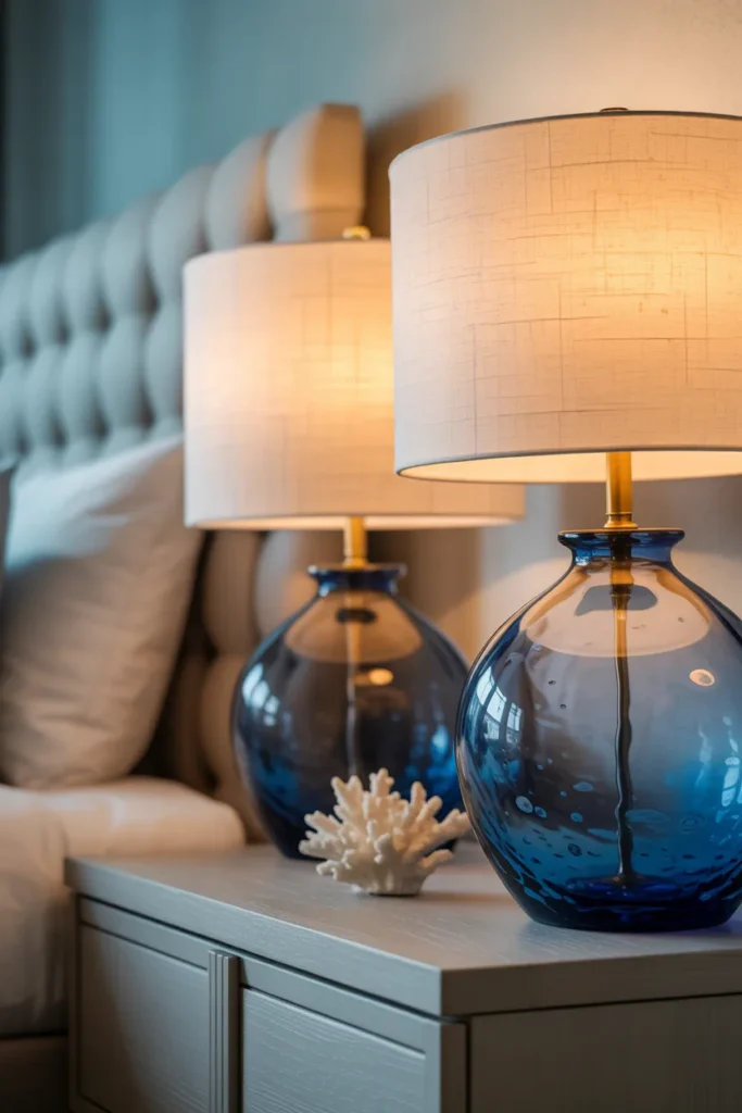 A serene bedside setup featuring a pair of large, translucent cobalt blue glass lamps with white linen shades. The bases have a slight bubble texture, catching the warm evening light and creating a watery reflection on the wall. The nightstand is a pale driftwood gray, styled with a small white coral sculpture. Captured in a medium shot with a soft-focus background of a plush, neutral bed.