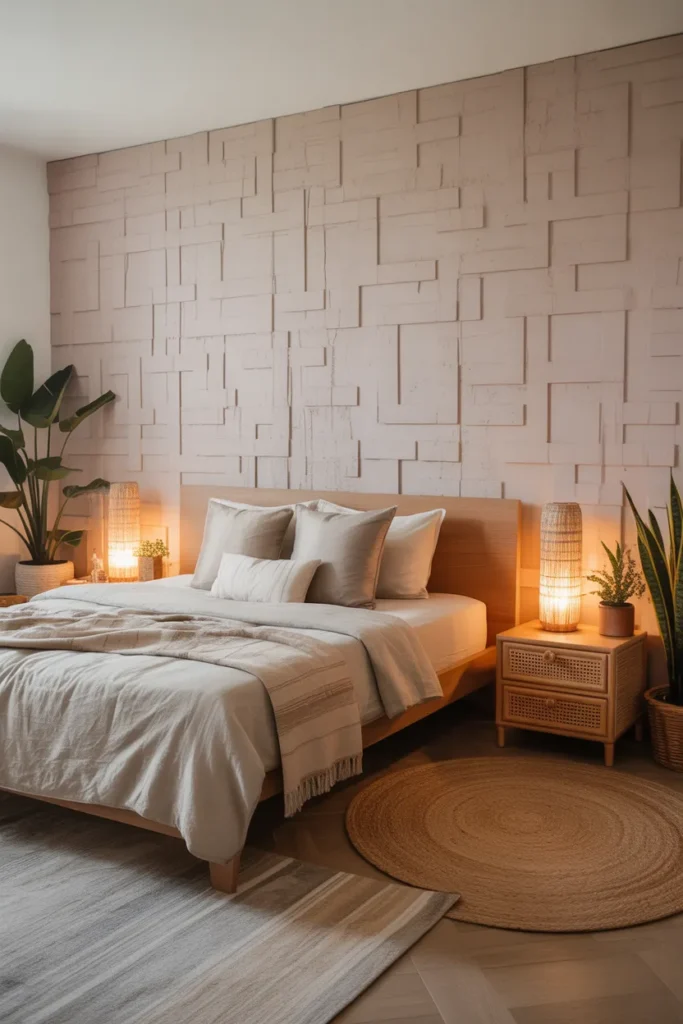 Modern boho bedroom featuring textured wallpaper in a soft geometric pattern behind a wooden bed with linen bedding. Warm ambient light highlights rattan nightstands, layered rugs, and potted plants. Eye-level wide shot showing the textured wall as a focal point, layered textures, and a cozy, Pinterest-ready bedroom with natural materials and inviting atmosphere.