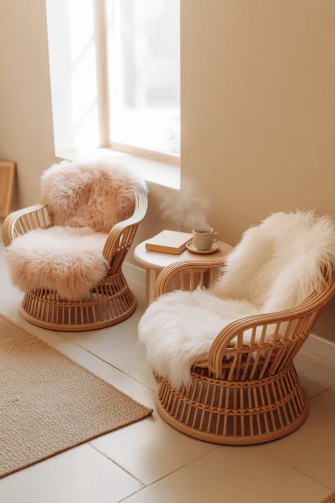  A cozy Coastal Boho bedroom with light sandy walls and bleached wood floors. In a sunny corner by the window, two rounded rattan armchairs sit with soft white sheepskin throws draped over them. A small round wooden side table holds a steaming cup of tea and a book. Soft, warm morning light, airy and peaceful atmosphere, wide-angle styled shot.