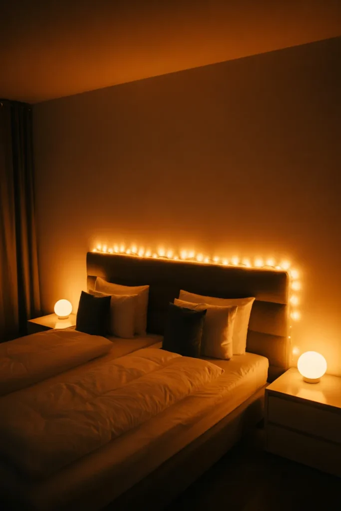 Twin bedroom bathed in warm golden ambient lighting from multiple soft light sources creating a cozy luxury sanctuary
