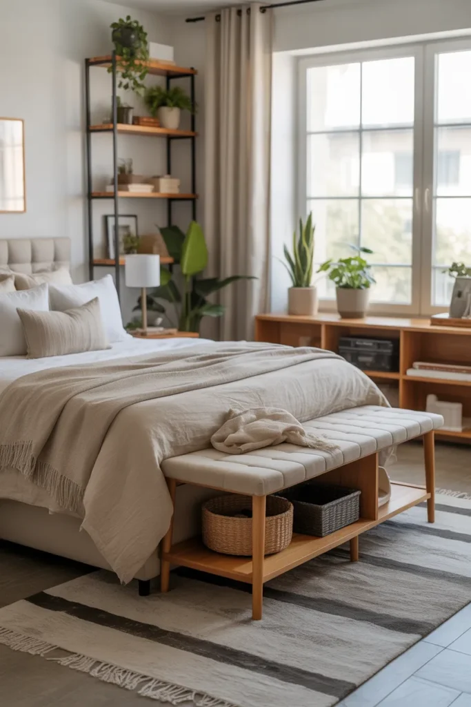 Contemporary bedroom with a storage bed and bench doubling as seating. Neutral linen bedding, layered rugs, potted plants, and wooden shelves. Natural soft light streaming through a large window illuminates the space. Eye-level wide shot showing furniture that maximizes space, layered textures, and a practical, Pinterest-ready setup blending functionality and style.