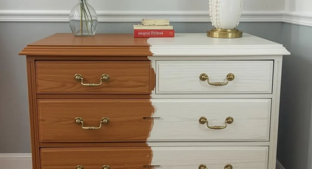 Upcycled dresser painted with chalk paint, giving new life to old furniture and adding charm to the bedroom.