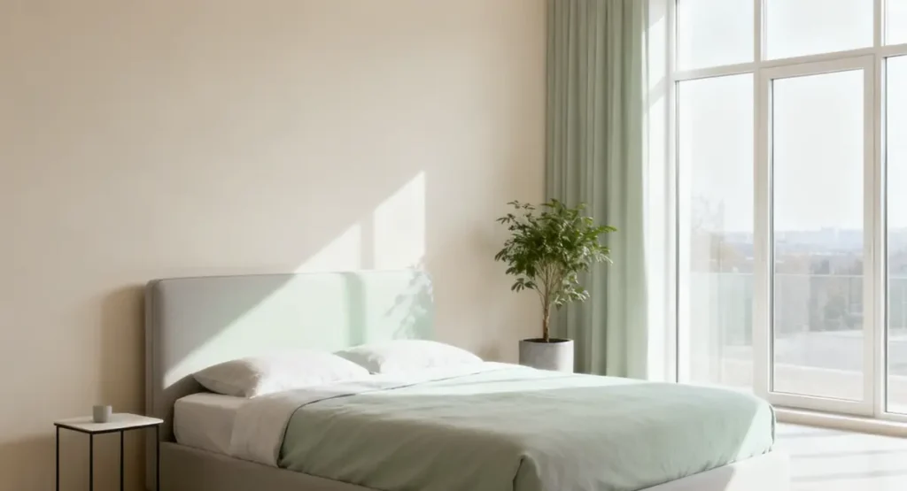 Bedroom with light, neutral-colored walls in soft beige, creating a spacious and fresh atmosphere.