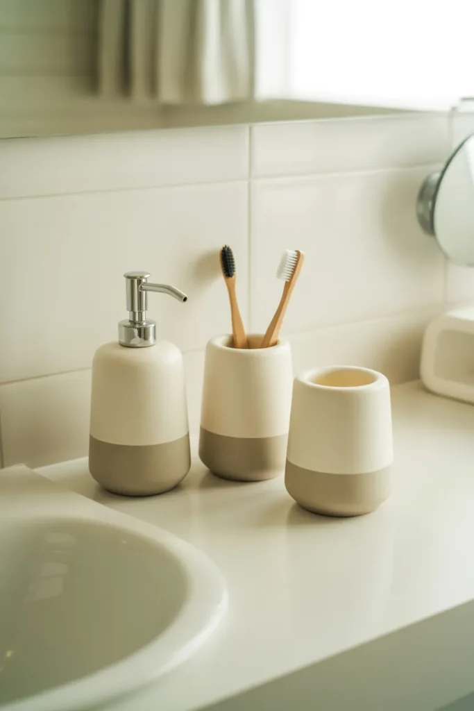 Matching white ceramic soap dispenser and toothbrush holder set on college dorm bathroom countertop — affordable bathroom accessories for students