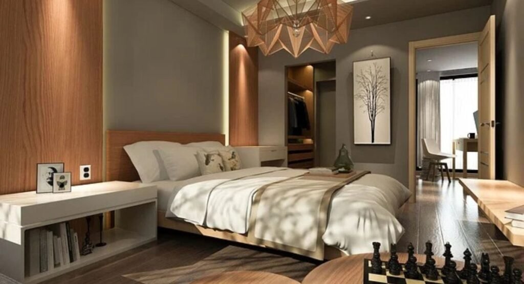 romantic bedroom with elegant ceiling lighting