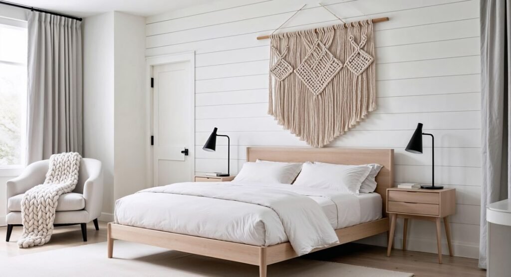 Scandinavian style small futon bedroom with low bed, pale wood furniture, soft gray bedding, and bright natural light