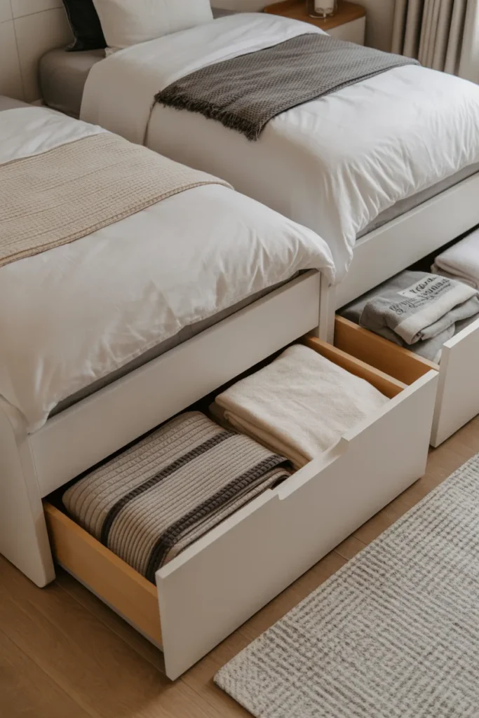 White storage bed frames with built-in drawers in a clutter-free twin bedroom keeping the space organized and elegant