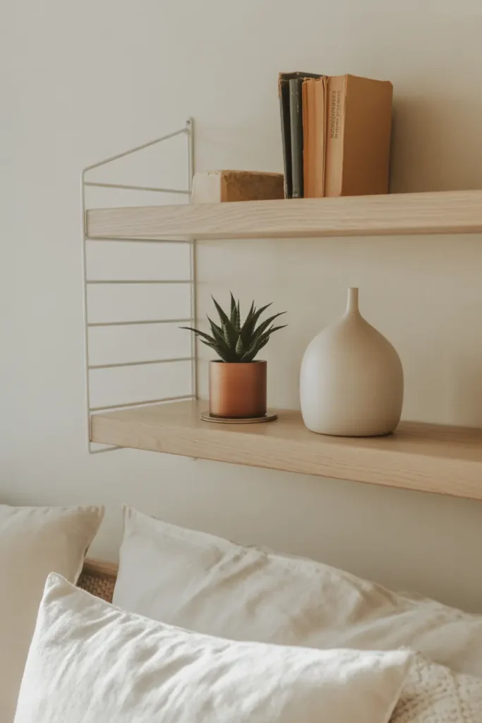 Minimalist floating wooden shelves in a lake house bedroom for a light and airy decor style.
