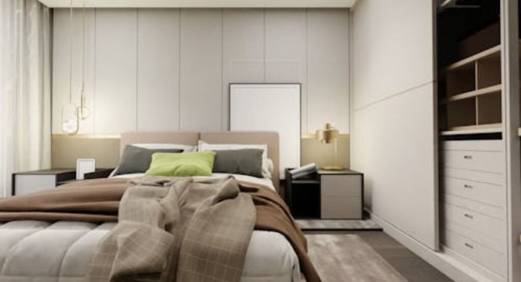 Minimal Japandi futon bedroom with tatami flooring and soft natural light