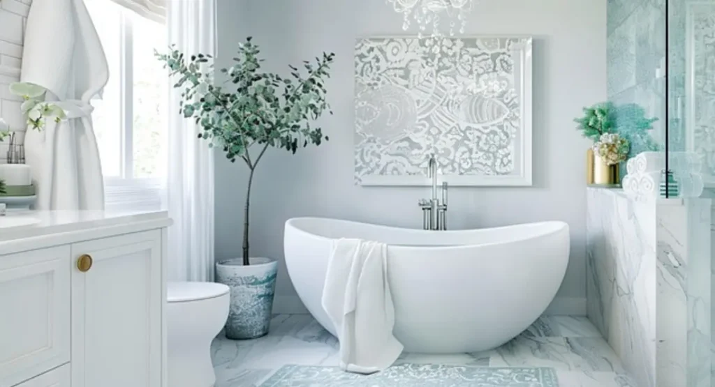 Spa-inspired bathroom with freestanding bathtub, natural stone finishes, and soft mood lighting for a relaxing ambiance.