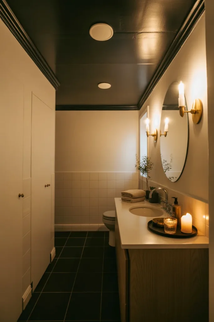 Modern dramatic bathroom with a black painted ceiling, soft recessed warm lighting, crisp white walls, charcoal tile floor, oak vanity, round mirror, brass sconces, folded towels, candle tray, and small plant. Elegant cozy mood, wide eye-level shot, layered foreground sink styling, clean background spacing, realistic shadows, and smooth ceiling contrast.