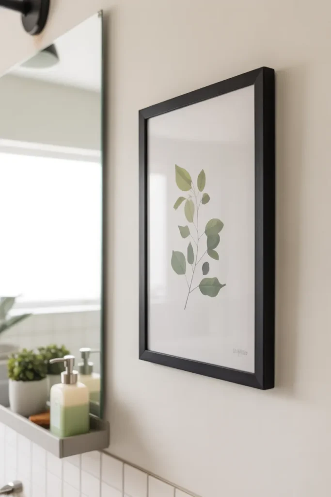 Framed printable botanical wall art hanging on white college dorm bathroom wall — free printable wall art idea for students on a budget