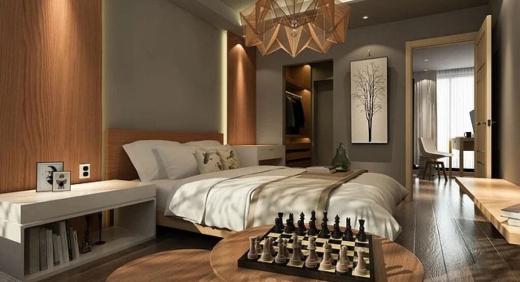 twin bedroom layout with two beds arranged symmetrically and space between them for comfortable movement