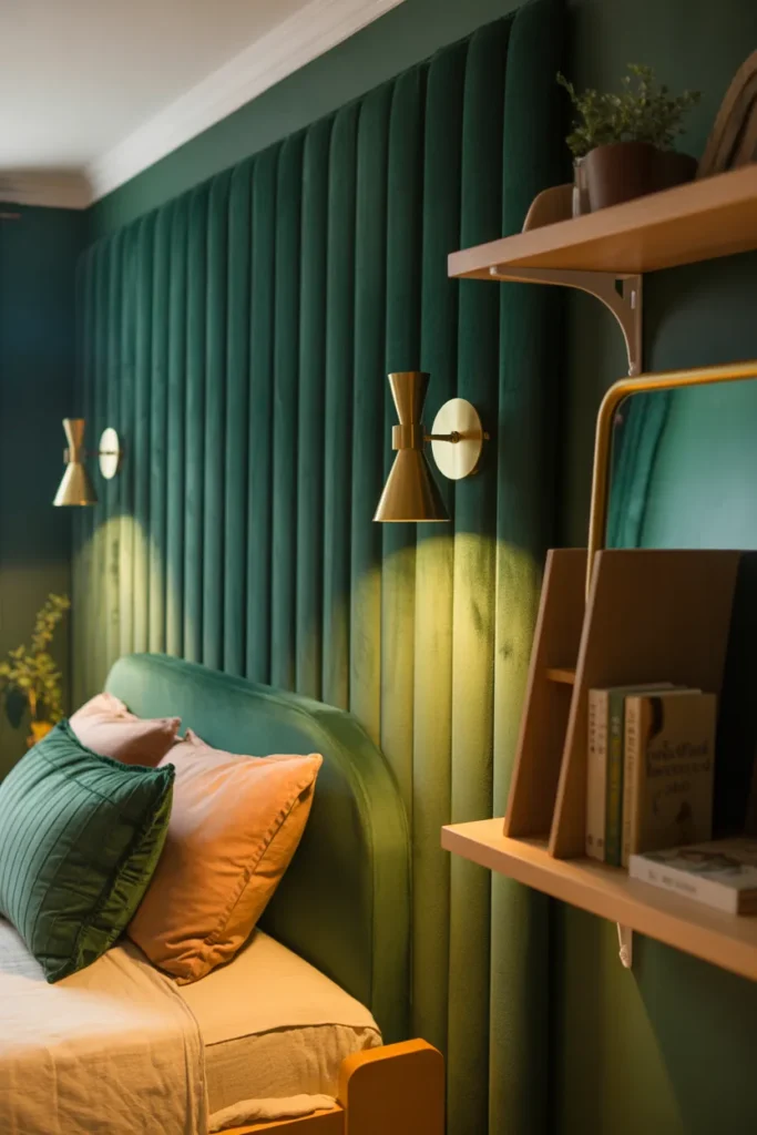 A children's bedroom with a deep forest green velvet accent wall in a modern maximalist style. Warm light from gold wall sconces highlights the rich fabric texture. Color palette includes emerald, warm wood tones, and ivory. Brass-framed mirror and wooden floating shelves with books and small plants in the foreground. Eye-level shot with soft shadows, realistic fabric texture, and a cozy, elevated mood.
