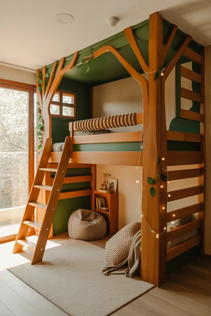 A stunning kids bedroom featuring a custom wooden loft bed designed like a treehouse, styled in a modern rustic interior. Warm natural light from a large window highlights honey oak wood tones and rich green leaf accents. Color palette includes warm wood, forest green, and cream white. Rope ladder, fairy lights woven through wooden slats, and a cozy reading space underneath with a bean bag and small bookshelf. Wide angle shot showing full room depth, layered textures, and a playful yet elevated mood.