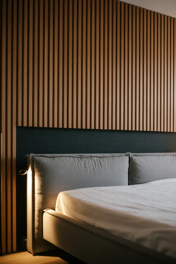 A modern Scandinavian-style bedroom featuring a floor-to-ceiling vertical wood slat wall behind the bed. The light oak slats are spaced evenly over a black felt background, creating deep linear shadows. Low-profile grey upholstered bed frame with white linen. Soft warm lighting from a designer floor lamp. Wide shot, clean lines, and highly architectural feel.