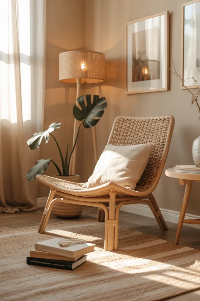 Boho farmhouse bedroom reading nook with a rattan lounge chair, golden hour sunlight, earthy cream and caramel palette, linen cushion, small wood side table, woven floor lamp, leafy plant, framed nature art, jute rug, soft throw, inviting relaxed mood, styled corner camera angle, layered foreground books with airy open background.