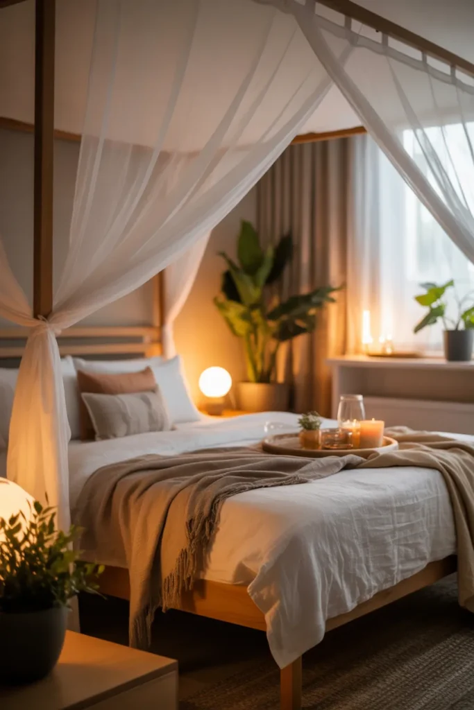 Romantic modern bedroom with a soft white canopy draped over a wooden bed frame. Warm ambient light from bedside lamps and golden hour sunlight streaming through sheer curtains. Linen bedding with layered throw blankets, potted plants, and candles. Eye-level shot capturing cozy bed corner, textured fabrics, airy drapes, and a relaxed, inviting atmosphere with layered decor and soft shadows.