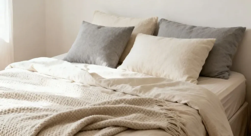 Cozy bed with layered neutral bedding, including a textured duvet and throw blanket, creating a stylish and comfortable bedroom look.