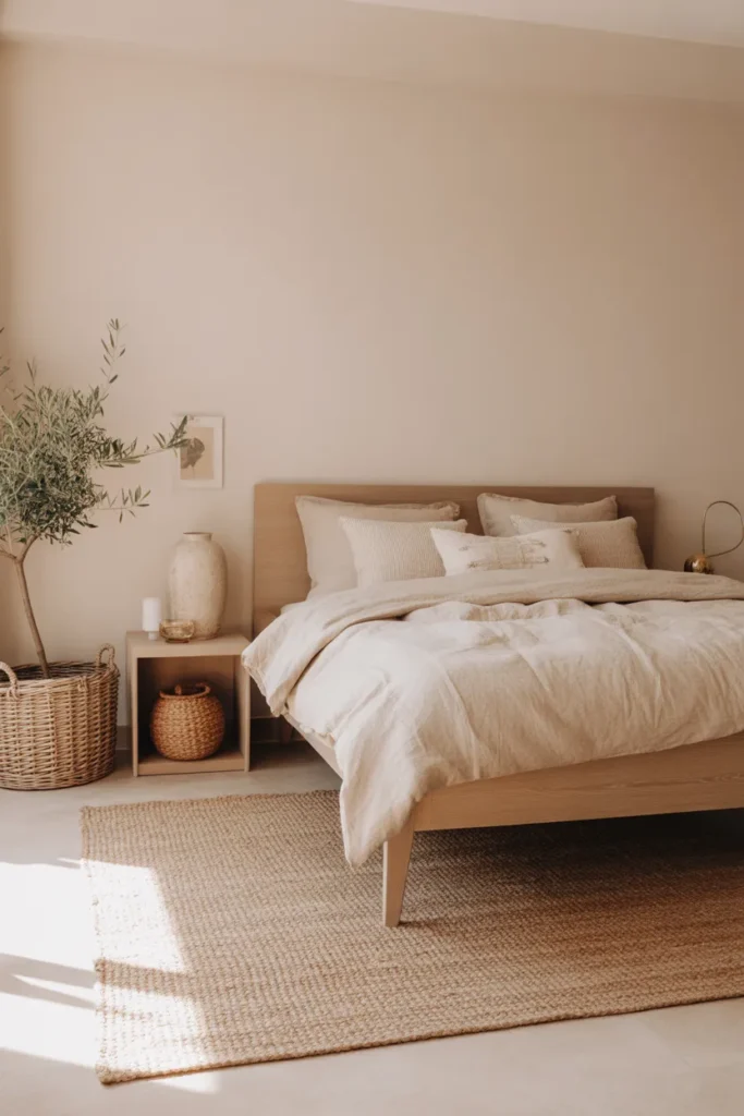 Scandinavian boho bedroom with a large jute rug under the bed, soft natural morning light, warm beige and oat palette, light oak bed frame, linen duvet, woven baskets, ceramic vase, olive plant, simple wall art, cozy relaxed mood, wide overhead corner angle, layered floor texture with clean spacing and gentle shadows.
