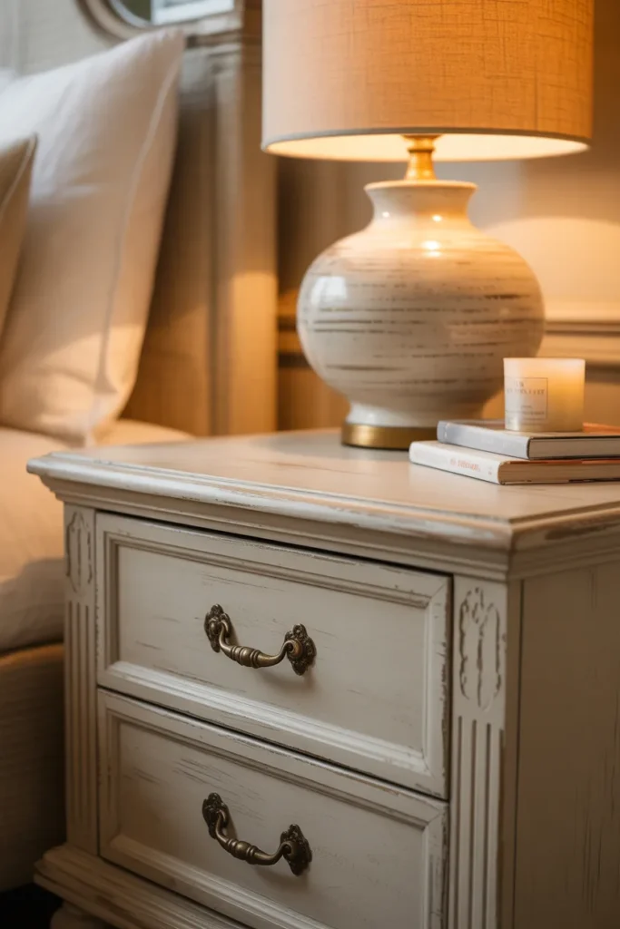  A charming Shabby Chic bedroom detail featuring a weathered white wooden nightstand with antique brass handles. Soft golden lighting from a ceramic lamp with a linen shade creates a warm glow. The surface is styled with a small stack of books and a candle. The palette is creamy white and warm gold, captured in a close-up shot showing realistic wood grain and paint chips.