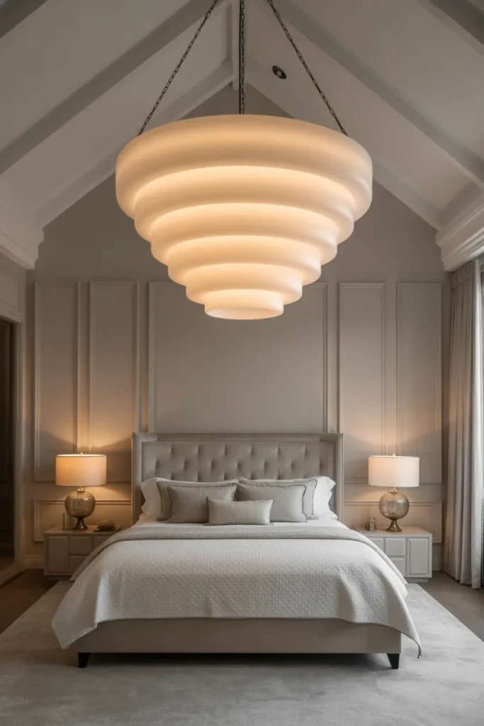 A grand and elegant master bedroom with high vaulted ceilings and light neutral tones. A large, modern oversized tiered chandelier with frosted glass globes hangs perfectly over the center of a plush upholstered bed. Soft, diffused evening light creates a luxurious glow across the room. Sophisticated, airy, and high-end mood with a professional wide-angle shot.