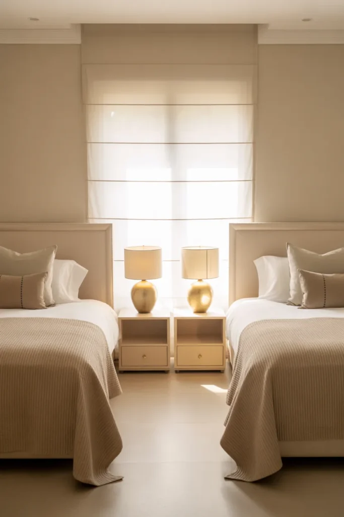 Symmetrical twin bedroom with matching beds and identical gold lamps creating a luxury hotel look