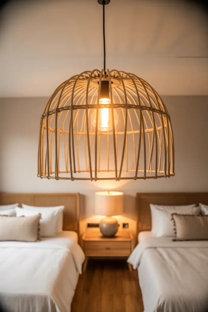 Large natural rattan pendant statement light fixture hanging in a twin bedroom adding bohemian luxury and warmth
