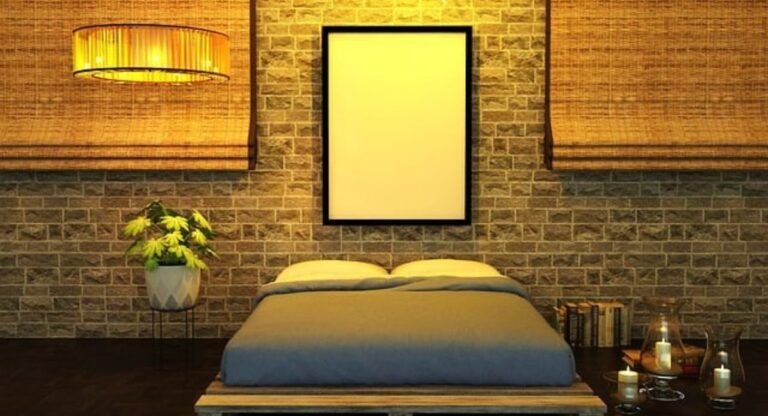 Warm earthy bedroom with terracotta accents, beige linen bedding, oak wood furniture, and cozy layered lighting