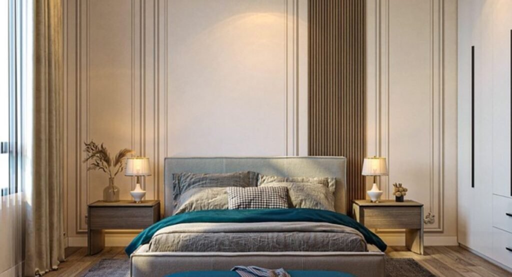 Terracotta feature wall bedroom with warm white bedding, walnut wood nightstands, and minimal ceramic decor