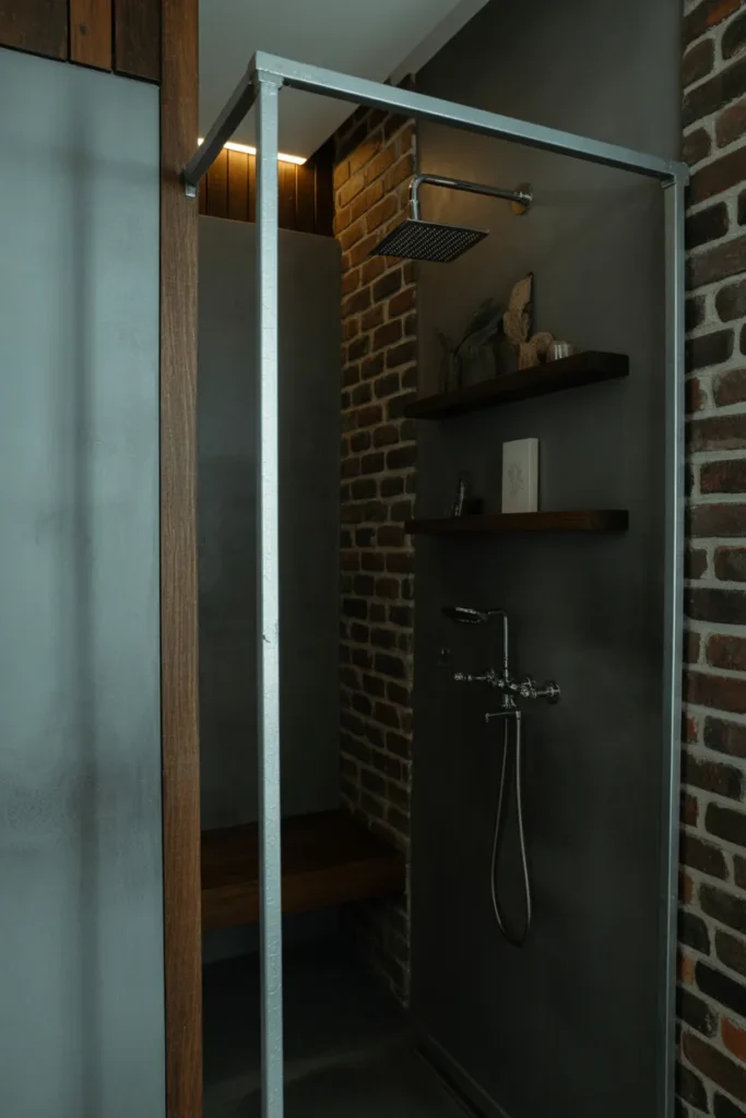 An industrial-inspired bathroom with exposed brick walls, metal fixtures, and raw wood accents. The color palette is a mix of deep grays, blacks, and browns, with hints of rustic elements. A freestanding metal-framed shower is the focal point, with dark wood shelves holding simple decor. The space is lit by soft ambient lighting, which contrasts with the raw materials and creates an edgy, urban atmosphere. The camera angle captures the full room, emphasizing the contrast between rough textures and sleek lines.