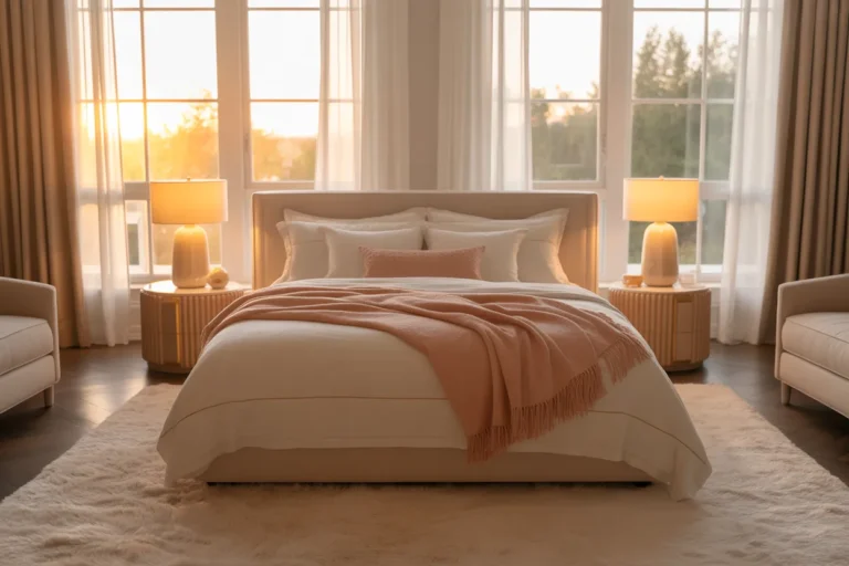 Romantic couple bedroom with warm lighting, neutral colors, layered bedding and cozy decor setup