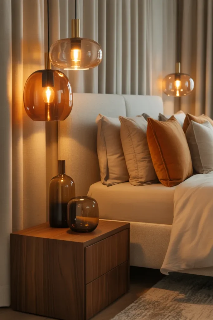 Luxury modern bedroom with amber glass pendant lights, warm ambient evening glow, beige, walnut, caramel, and cream palette, upholstered bed, walnut side tables, linen bedding, brass accents, smoked glass vases, textured curtains, wool rug, intimate cozy atmosphere, eye-level wide shot, layered bedside styling with soft shadows and elegant balanced spacing.