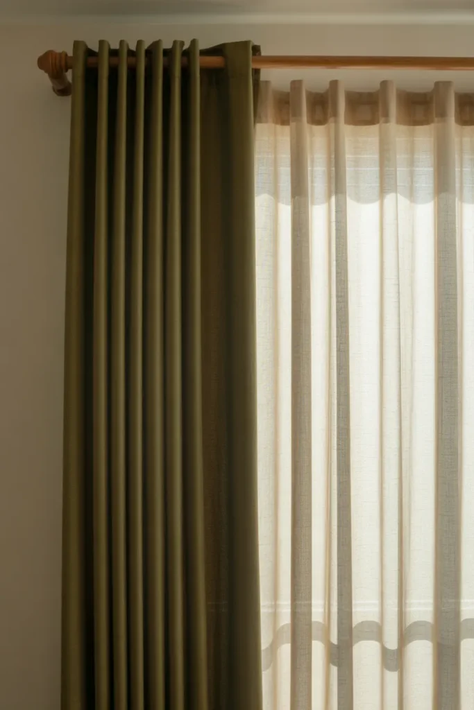 Layered curtains: a set of heavy, dark green drapes paired with sheer off-white curtains, letting soft sunlight filter through. A wooden curtain rod complements the earthy tones of the room.