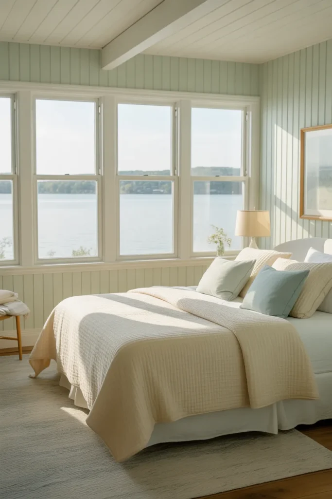 Relaxing lake house bedroom decorated with soft nature colors like sage green and light blue.
