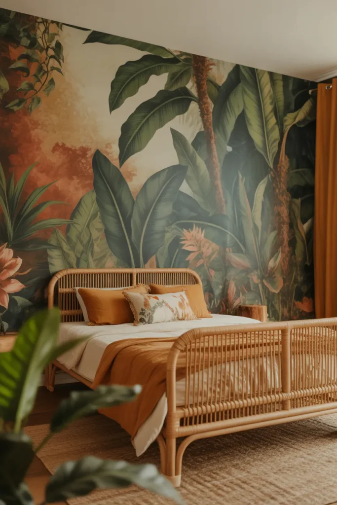A bold and adventurous kids bedroom with large tropical jungle wallpaper covering a full accent wall, styled in a modern bohemian interior. Warm natural light highlights lush green palm leaves, exotic flowers, and rich earthy tones. Color palette includes deep jungle green, warm terracotta, cream, and golden yellow. A natural rattan bed frame sits in front of the wall with earthy linen bedding and a woven rug on the floor. Wide angle eye-level shot with foreground plant styling, layered textures, and a wild yet cozy adventurous mood.