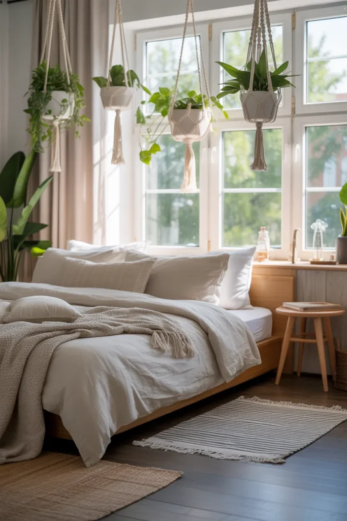 Scandinavian-inspired bedroom with hanging macramé plant holders near a large window. Soft natural daylight highlights a low platform bed with linen bedding, wooden side table, and layered rugs. Eye-level wide shot showcasing greenery suspended above floor, cozy reading corner, and airy, fresh atmosphere. Textures of woven fibers, soft fabrics, and natural wood create a Pinterest-worthy, relaxing space.